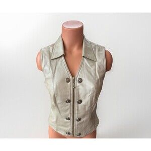 VTG Cache Gold Leather Zip Up Vest Size S